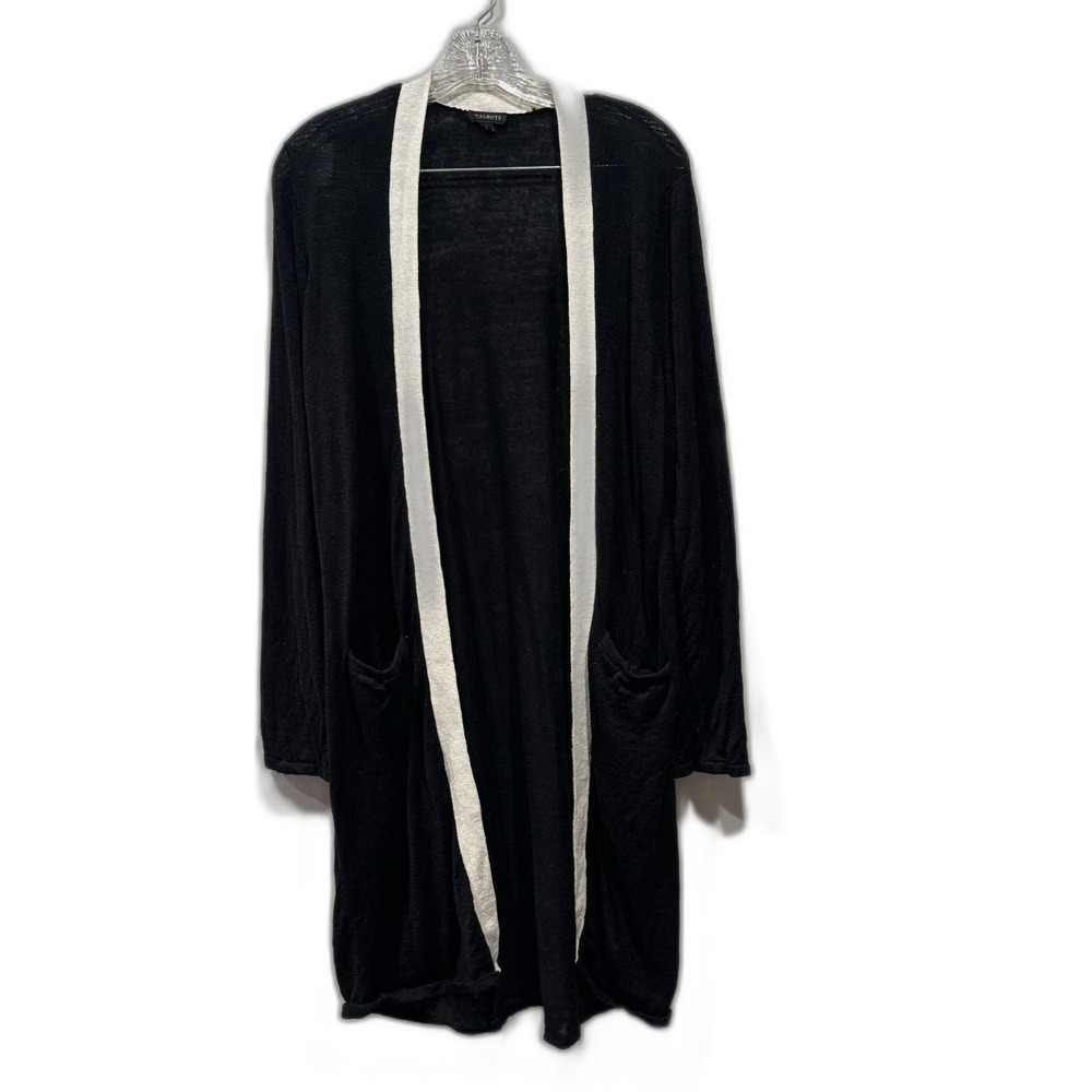 Talbots Cardigan Linen Longline Open Front Contrast Trim Black Women sz Large